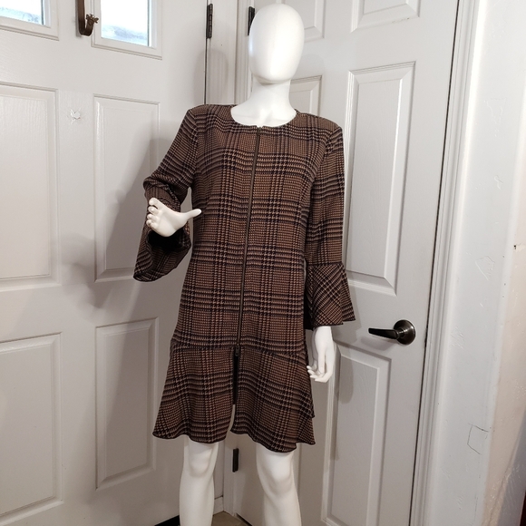 Cabi Flounce Jacket Tartan Style Plaid Long Length Brown and Black - Picture 2 of 9